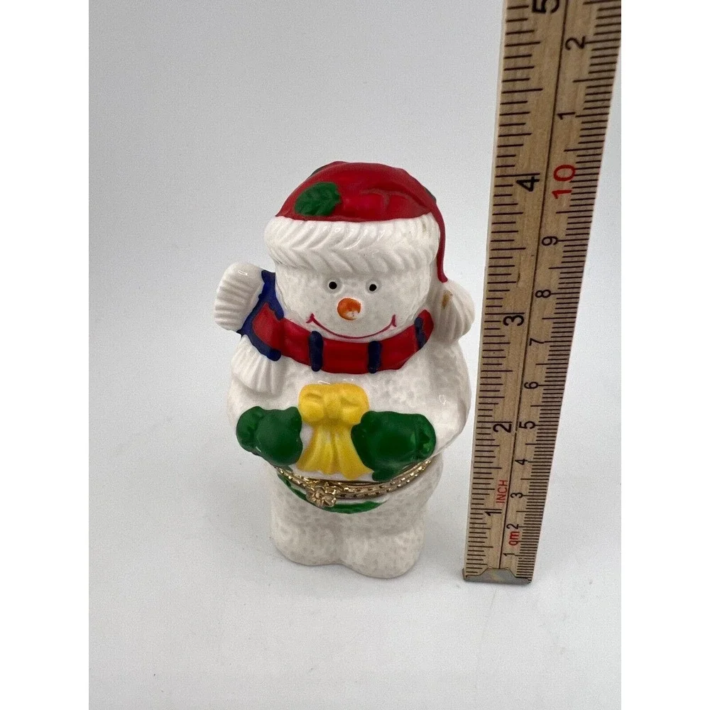 Christmas Snowman Trinket Box Red‎ Santa Hat & Scarf Glazed Porcelain